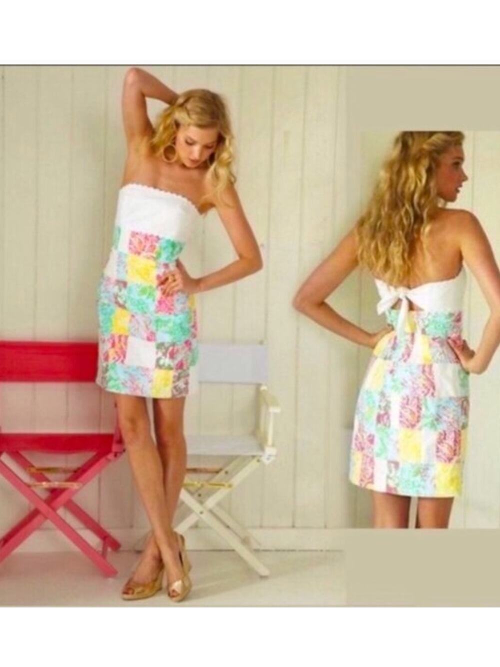 Lilly Pulitzer Womens 0 White Multi Franco Strapless Patchwork Mini Dress Boho